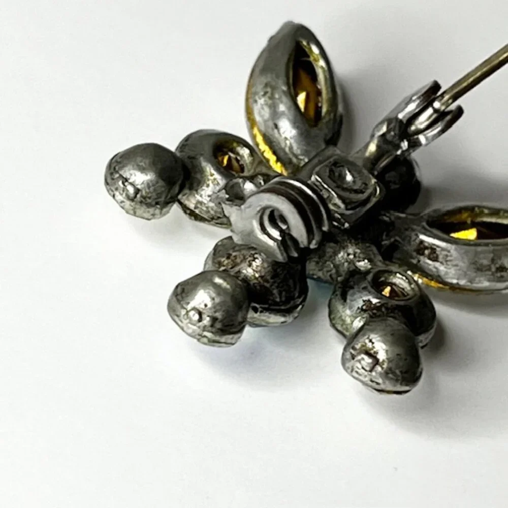 Vintage Rhinestone Dragonfly Brooch Pin Silver Tone Setting Minimalist Blue